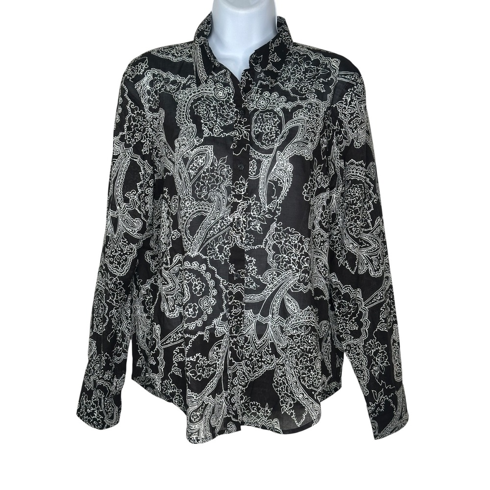 Lauren Ralph Lauren Shirt Small Black White Paisley Cotton Button Long Sleeve - Picture 2 of 6